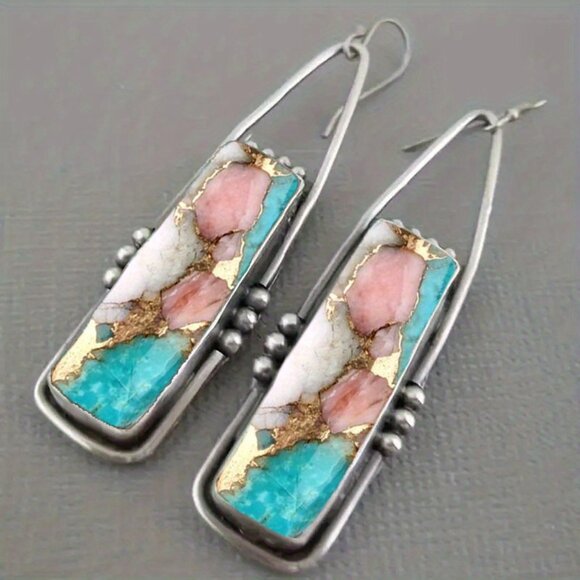 1pair Fashion Bohemian Earrings, Retro Rectangular Dangle Earrings - Picture 5 of 5